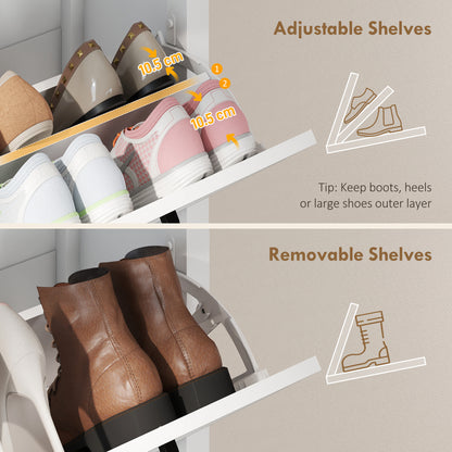 Shoe Cabinet with 2 Flip Drawers, Farmhouse Narrow Shoe Storage Cabinet with Adjustable Shelves, White