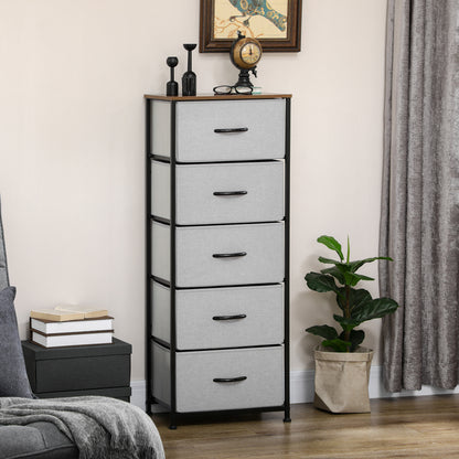 Fabric Chest of Drawers, Industrial Bedroom Dresser with 5 Fabric Drawers, Steel Frame and Wooden Top for Nursery