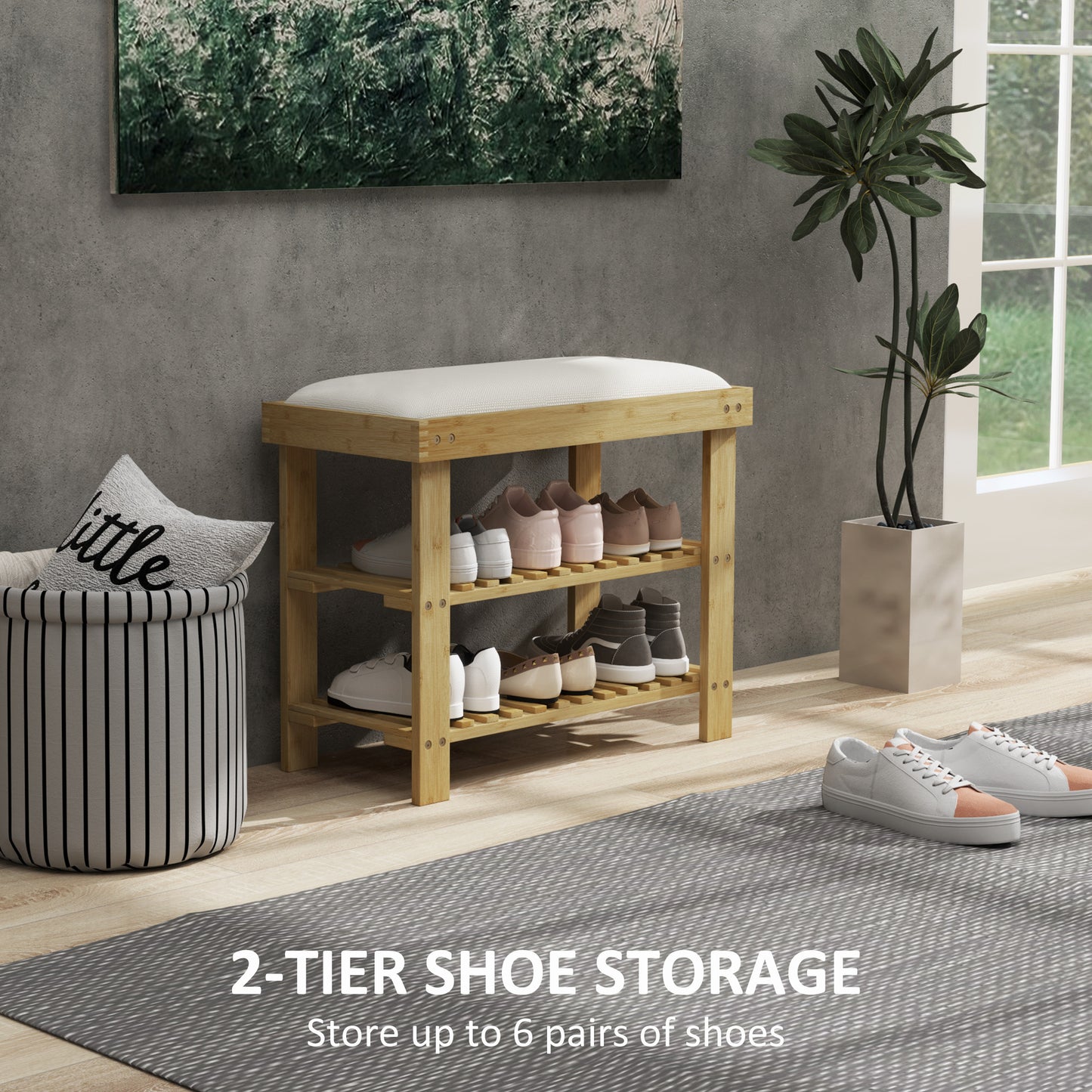 Bamboo Shoe Storage Bench, 3-Tier Shoe Bench with Seat Cushion, Shoe Rack for Entryway, Hallway, Living Room, Bedroom