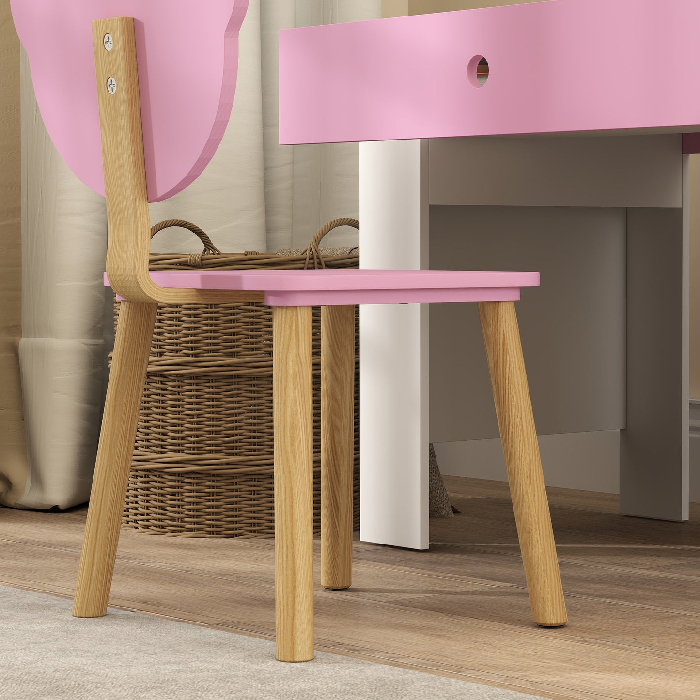 Kids Desk and Chair Set with Drawer for Drawing, Reading, Bear Theme Children Furniture for Bedroom, Daycare, Pink
