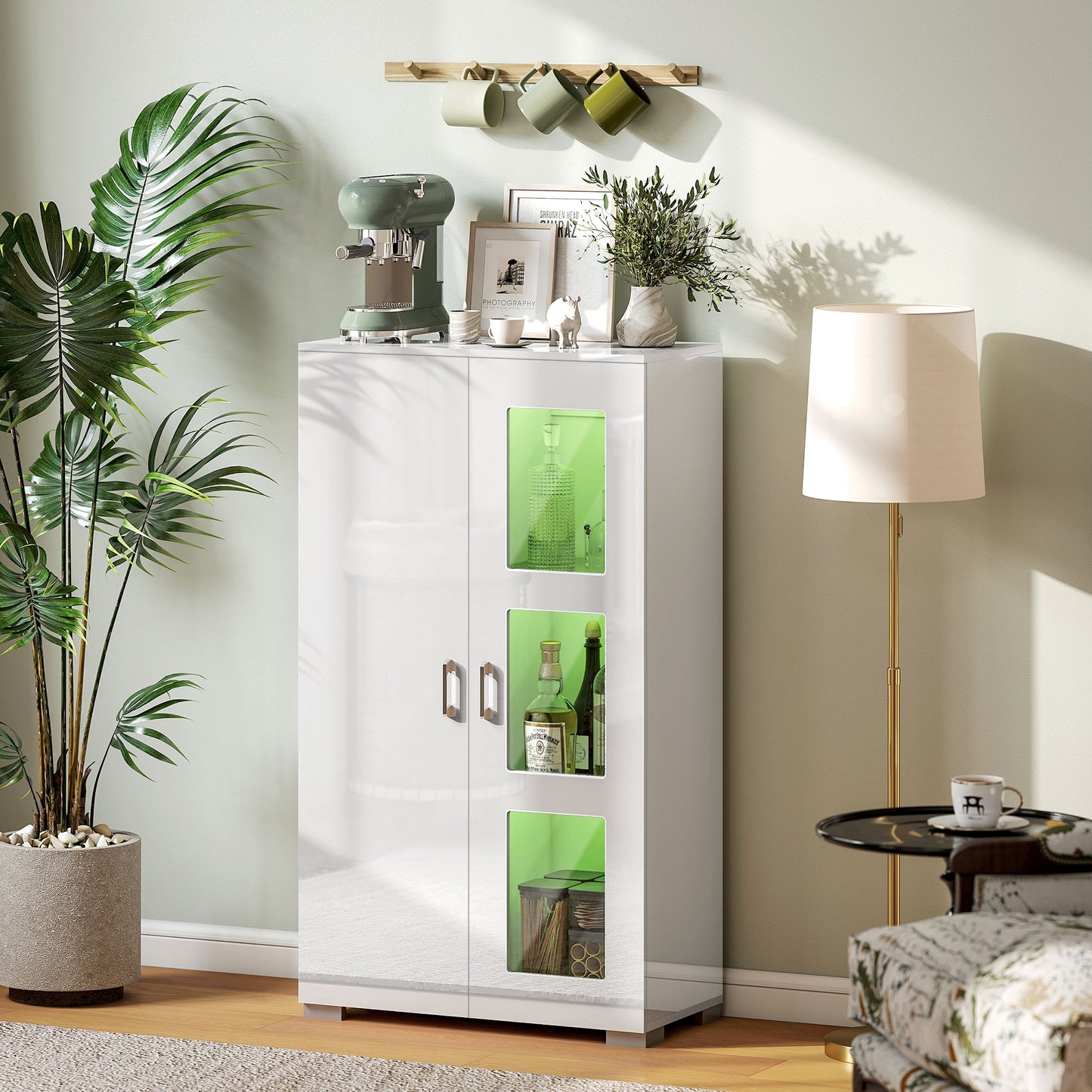 High Gloss Sideboard, Display Cabinet with 16-Colour RGB LED Lights and Remote Control