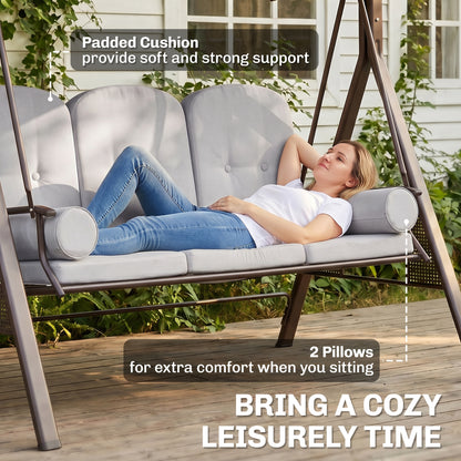 3 Seater Canopy Swing Chair, Outdoor Garden Swing Seat with Adjustable Canopy, Cushions and Cup Trays, Steel Frame