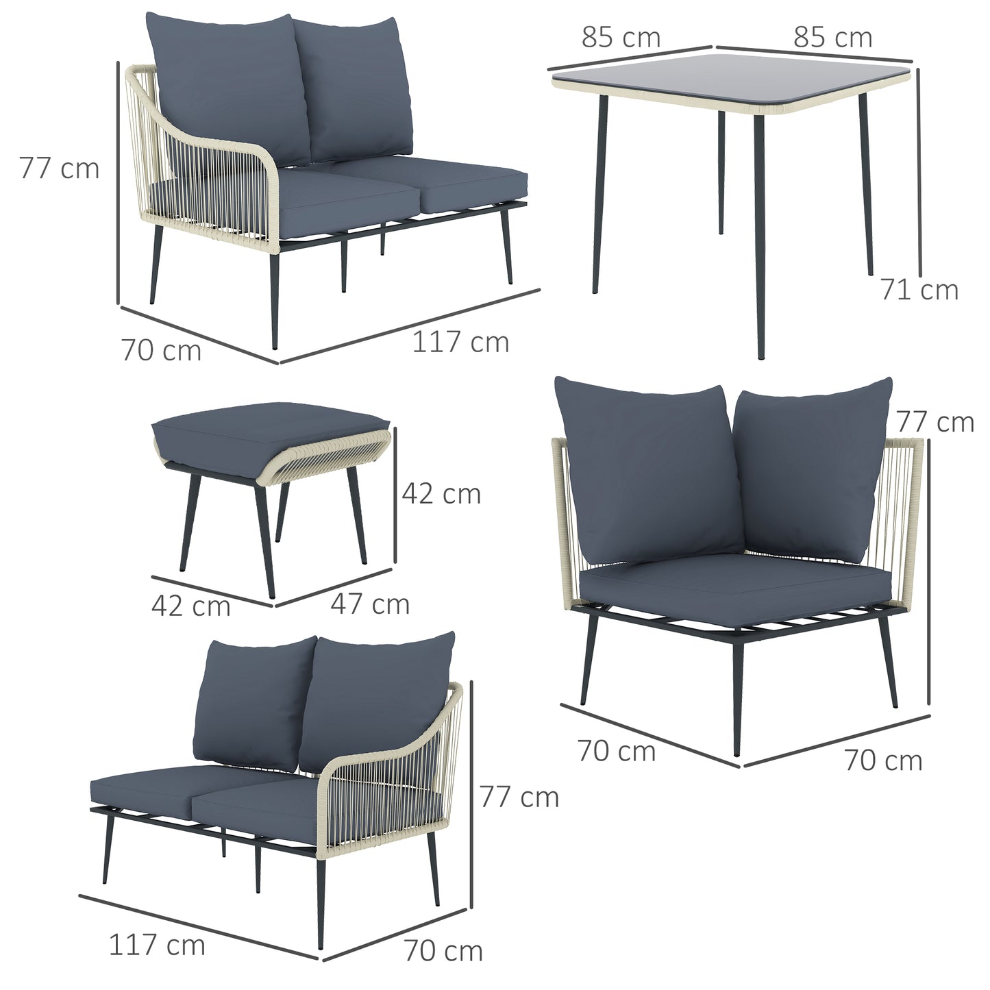 Six-Piece Rattan Strong Garden Sofa Set with Removable and Washable Covers - Grey
