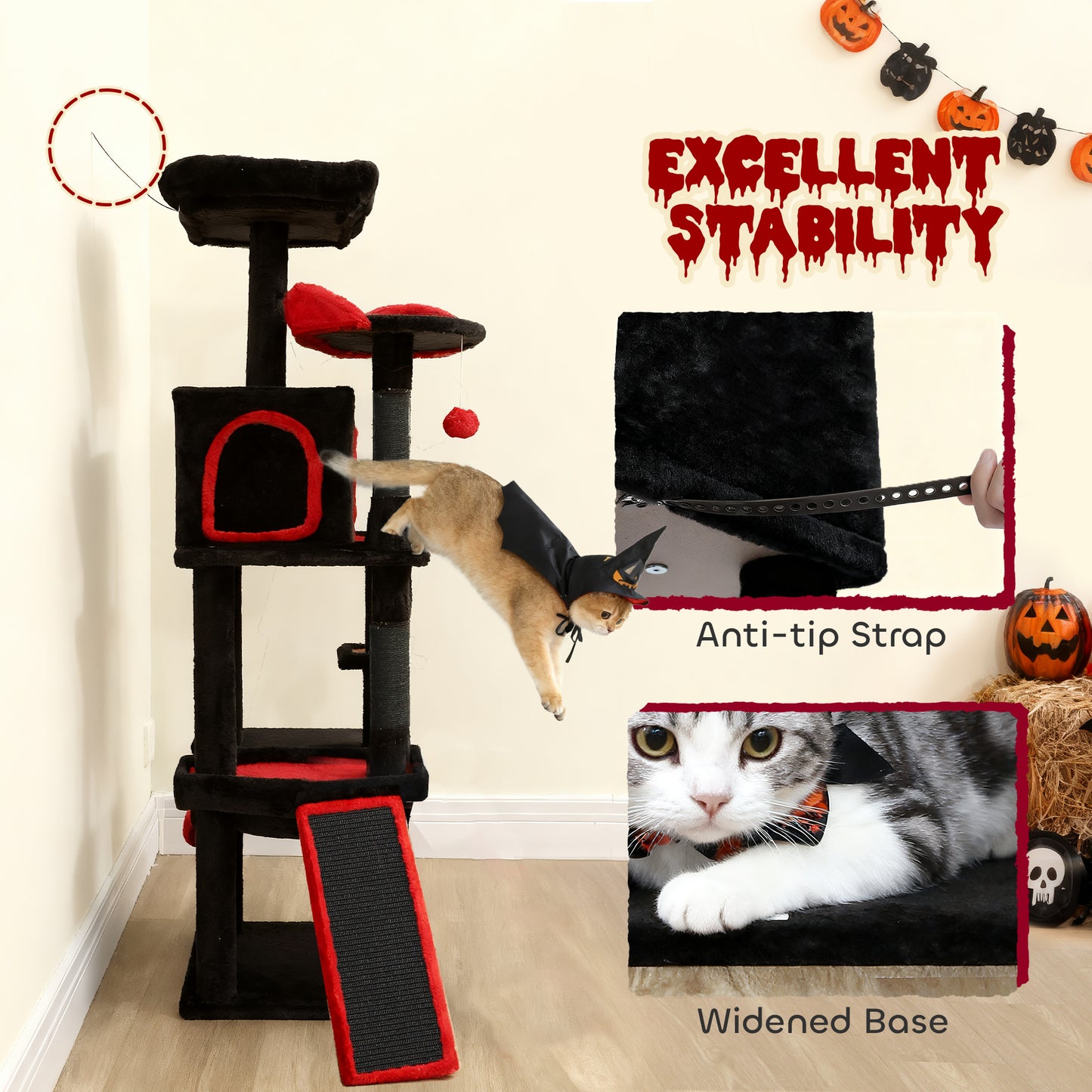 Gothic Cat Tree, 152 cm Multi-Level Cat Tower for Large Cats with Coffin Bed, Large Condo, for Halloween
