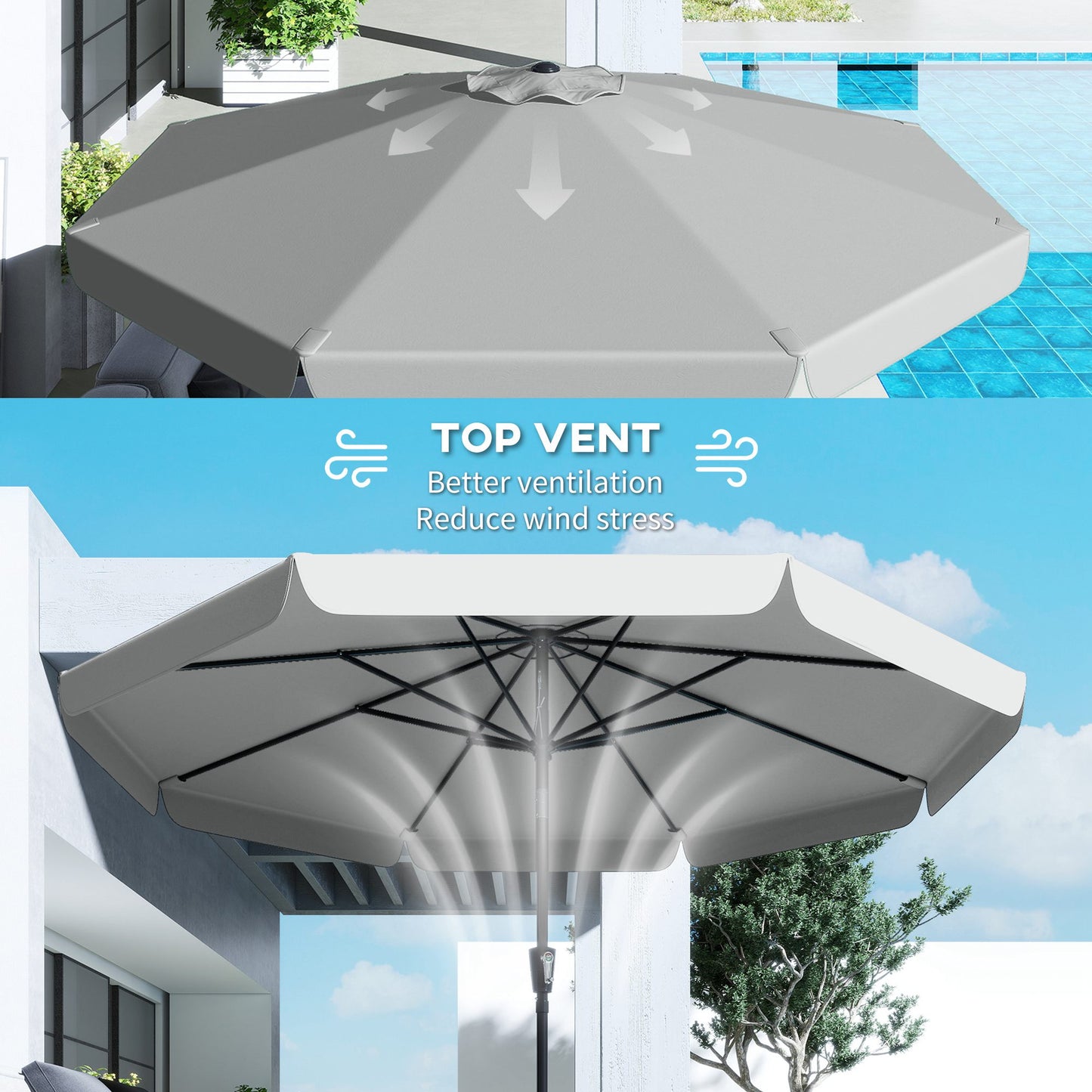 3 m Garden Parasol with Tilt Mechanism & Crank Handle, UPF 30+ Patio Umbrella Outdoor Table Umbrella, Light Grey