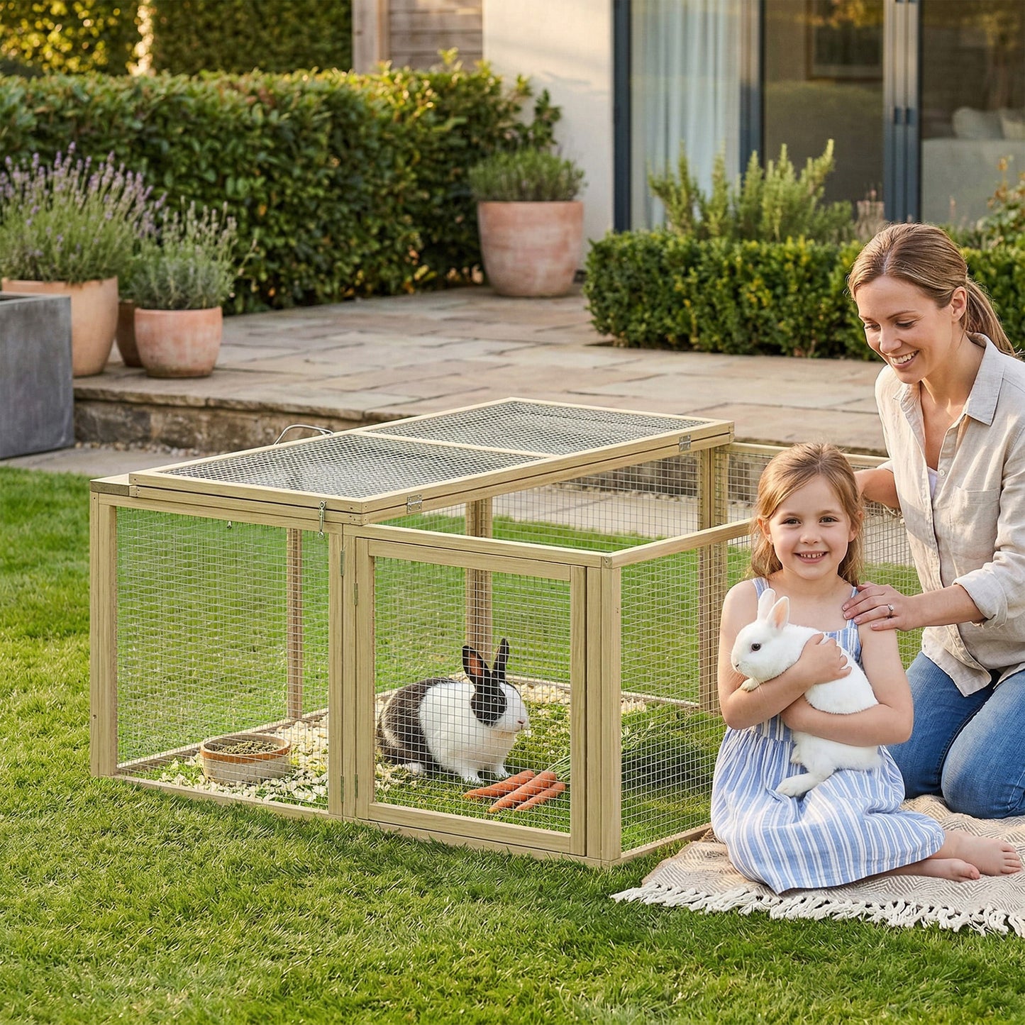 Wooden Folding Rabbit Hutch, for 2-3 Rabbits - Natural Wood