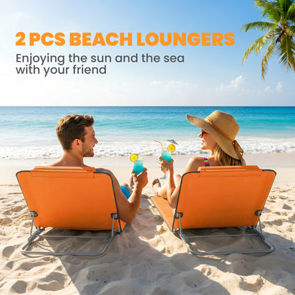 Set of Two Metal Frame Beach Chairs, with Reclining Backs - Orange