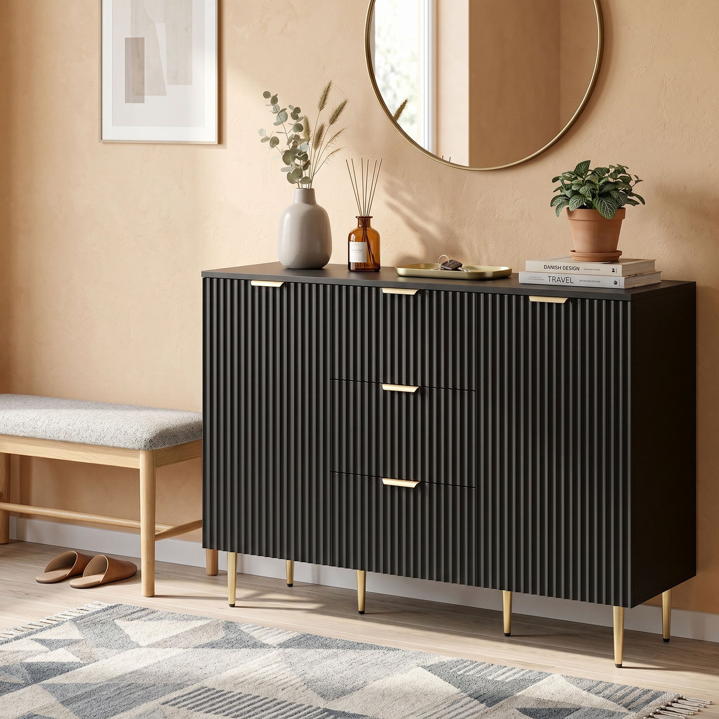 2-Door Sideboard with 3 Drawers and Adjustable Shelves - Black