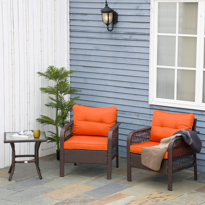 3 Pieces Rattan Bistro Set with Glass Top Coffee Table, Chairs and Cushions for Outdoor, Patio, Balcony, Orange