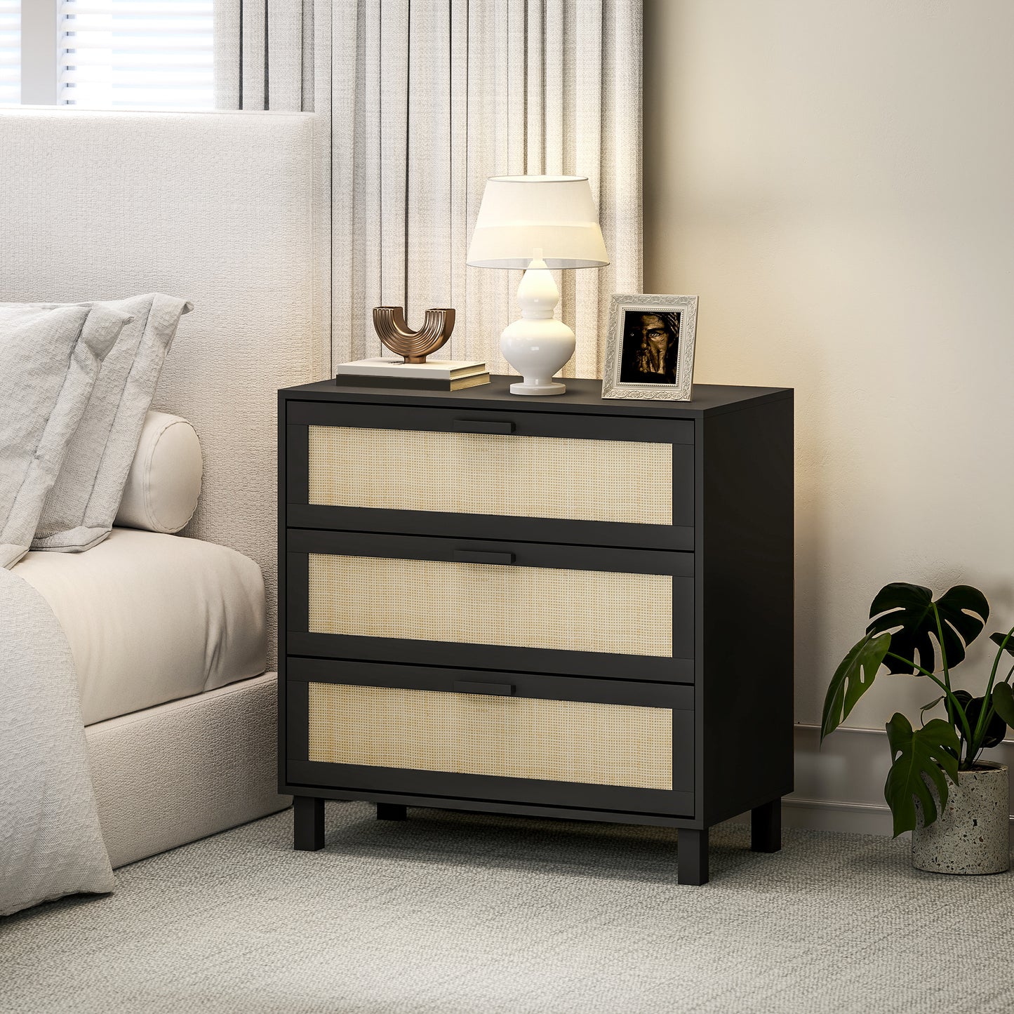 Rattan Bedroom Chest of Drawers, 3 Drawers Storage Unit, Boho Dresser for Living Room, Hallway, Black