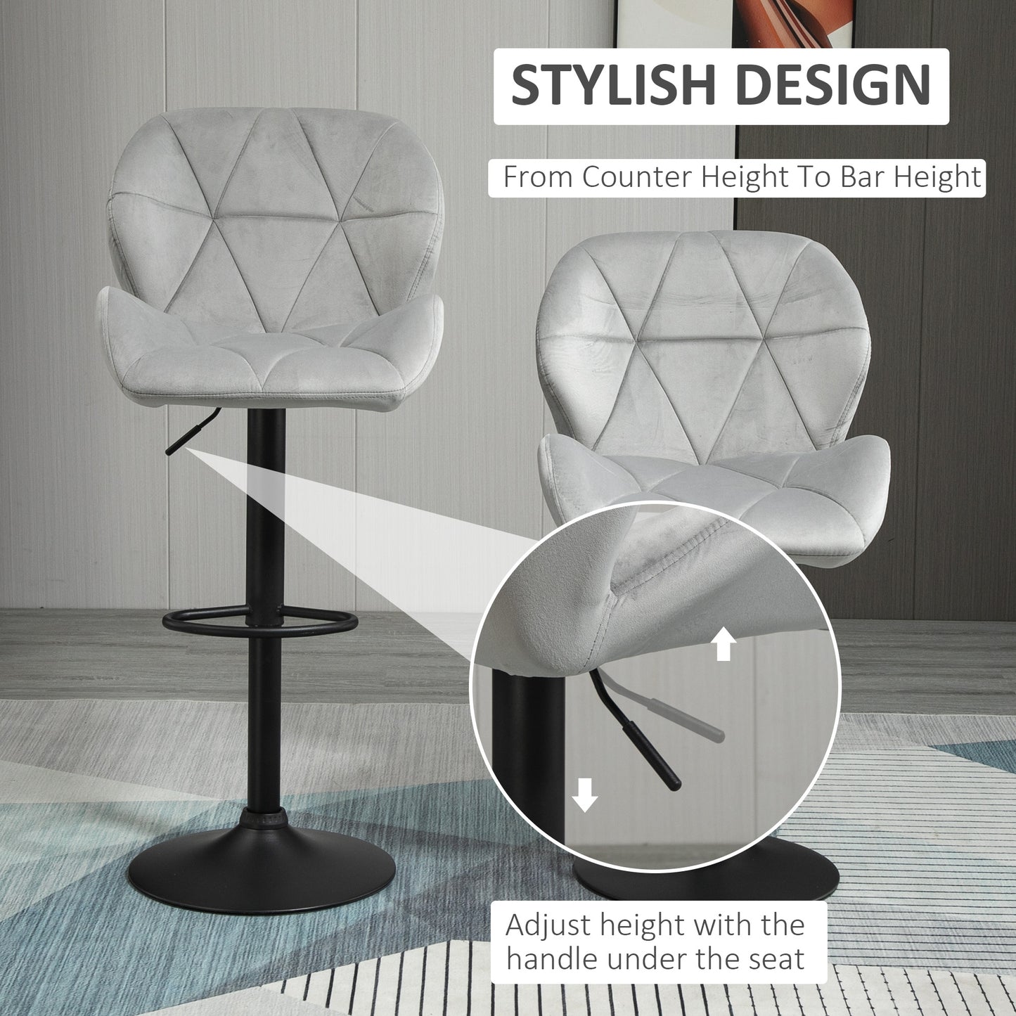 Bar Stools Set Of 2, Luxurious Velvet-Touch Barstools with Metal Frame Footrest Round Base Triangle Indenting Moulded Seat Ad