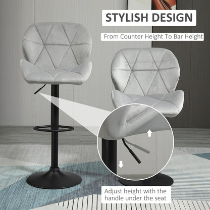 Bar Stools Set Of 2, Luxurious Velvet-Touch Barstools with Metal Frame Footrest Round Base Triangle Indenting Moulded Seat Ad