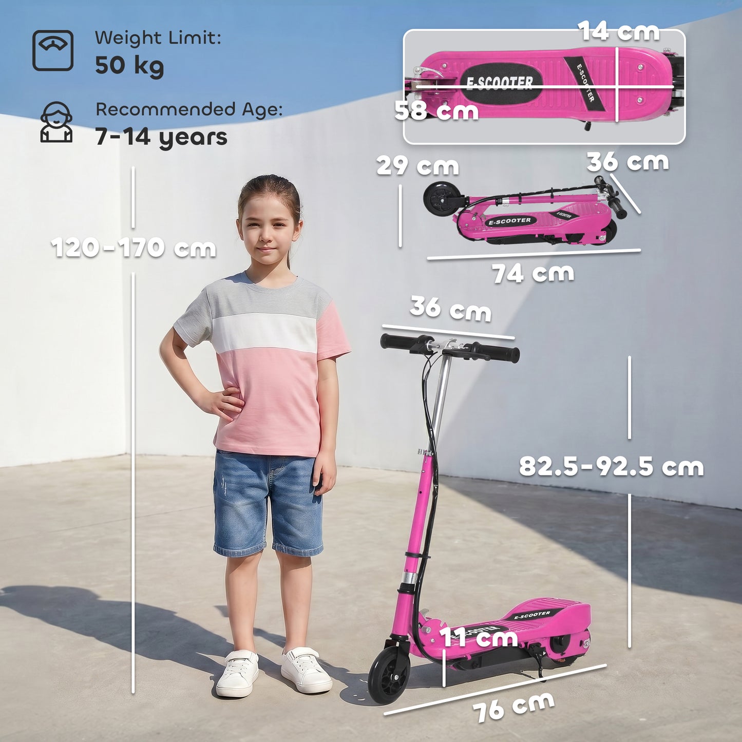 Foldable Electric Kids Scooter, Ride-on for Ages 7-14 Years, Pink