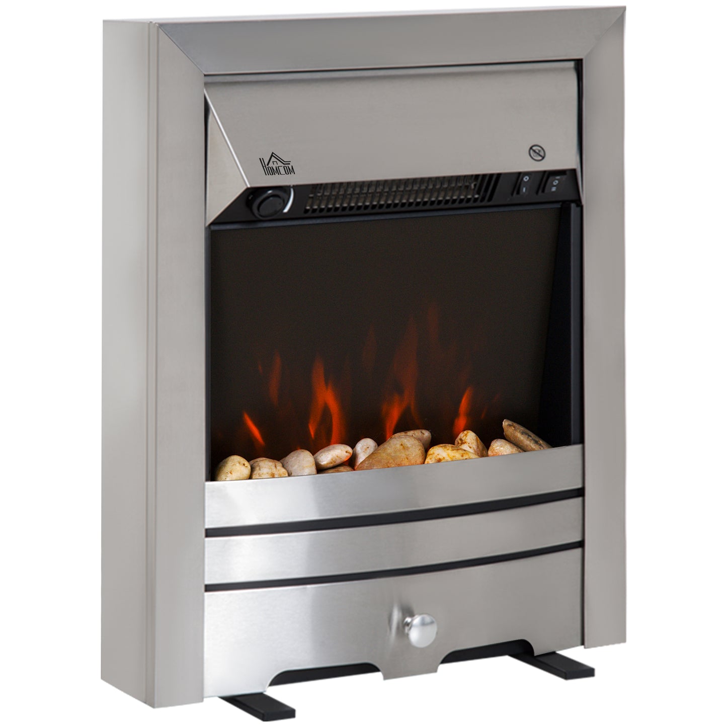 2KW Stainless Steel Electric Fireplace Pebble Burning Effect Heater Fire Flame Indoor Stove LED Lighting