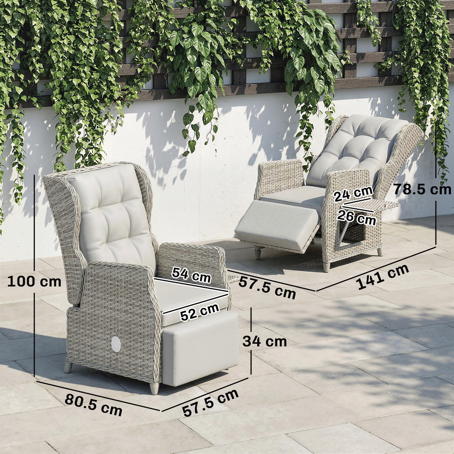 Rattan Garden Recliner Chair, Reclining Garden Chair with Adjustable Back and Footrest, Flip Table, Cushion, Light Grey