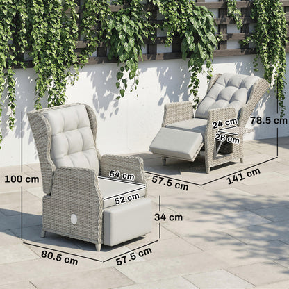 Rattan Garden Recliner Chair, Reclining Garden Chair with Adjustable Back and Footrest, Flip Table, Cushion, Light Grey