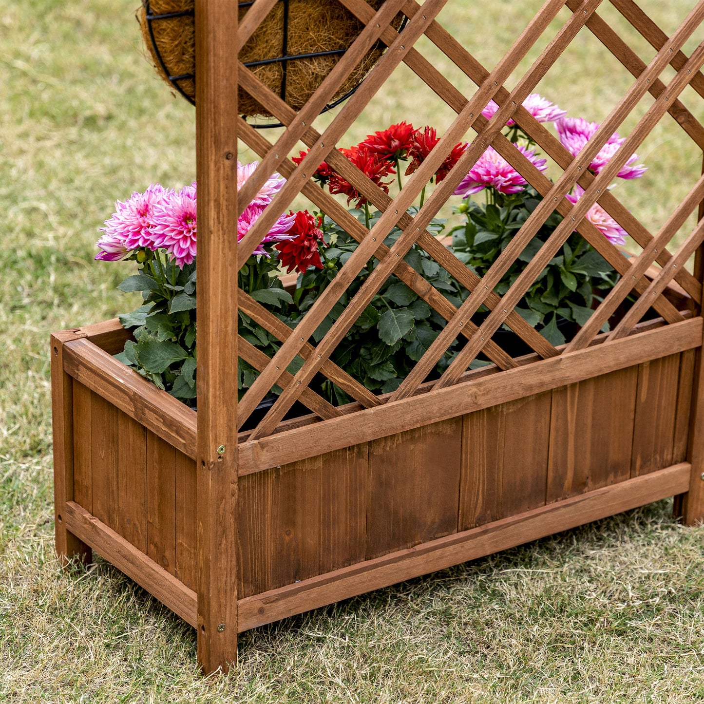 Garden Planter with Trellis, Wooden Raised Bed for Garden with Lattice Trellis for Vegetables, Herbs and Flowers, Brown