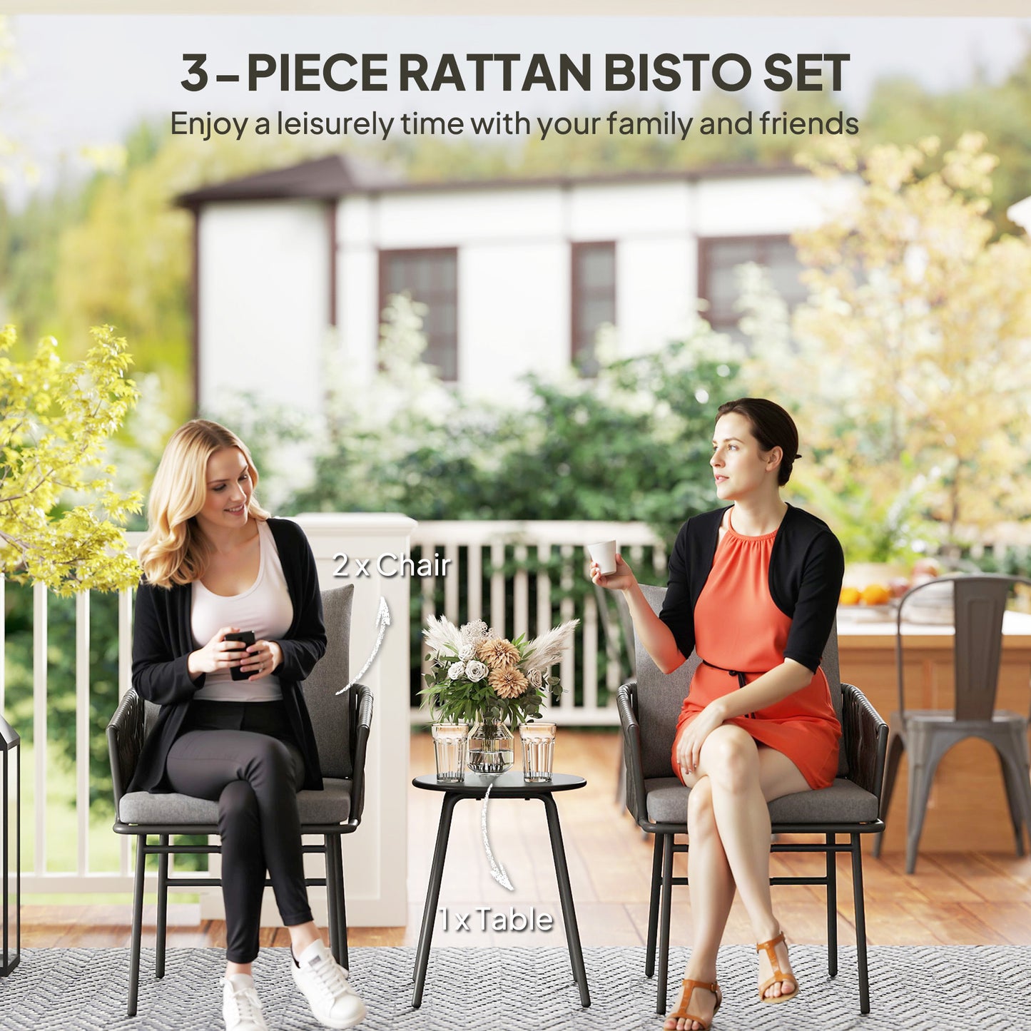 3-Piece Rattan Bistro Set, Garden Table and Chairs with 4 Cushions, Patio Rattan Conversation Furniture Set for Balcony
