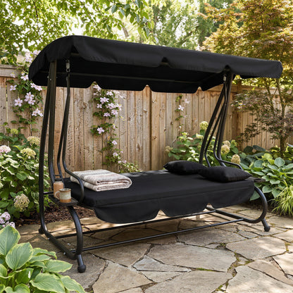 Three-Person garden Swing Chair, with Adjustable Canopy - Black