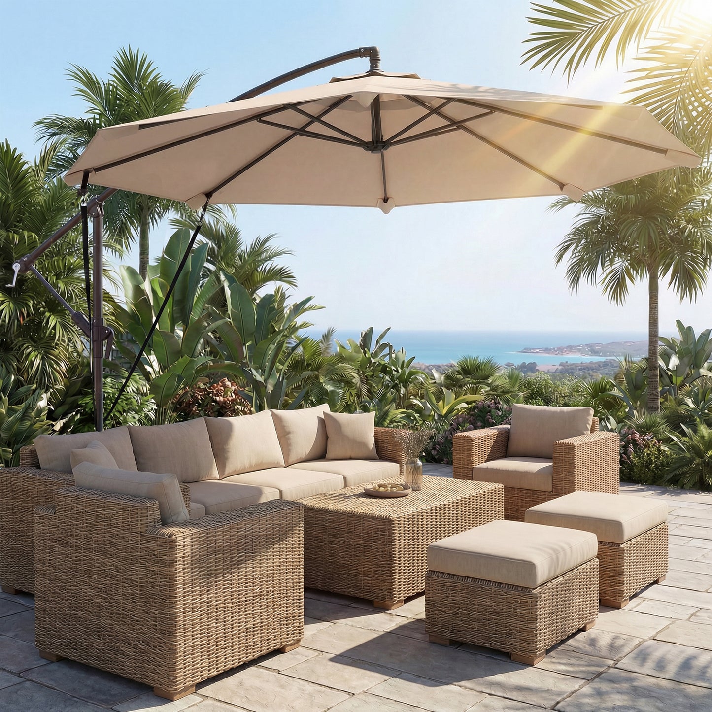 3 m Cantilever Parasol with Protective Cover and Wind Ropes, Banana Parasol with Crank Handle, Khaki