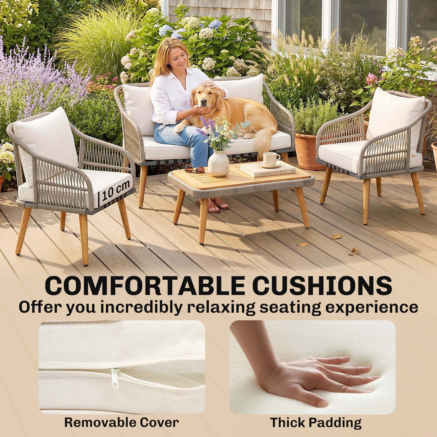 4 Piece Rattan Garden Furniture Set with Loveseat, Armchairs, Wood Table, Wicker Patio Conversation Set, Cream White
