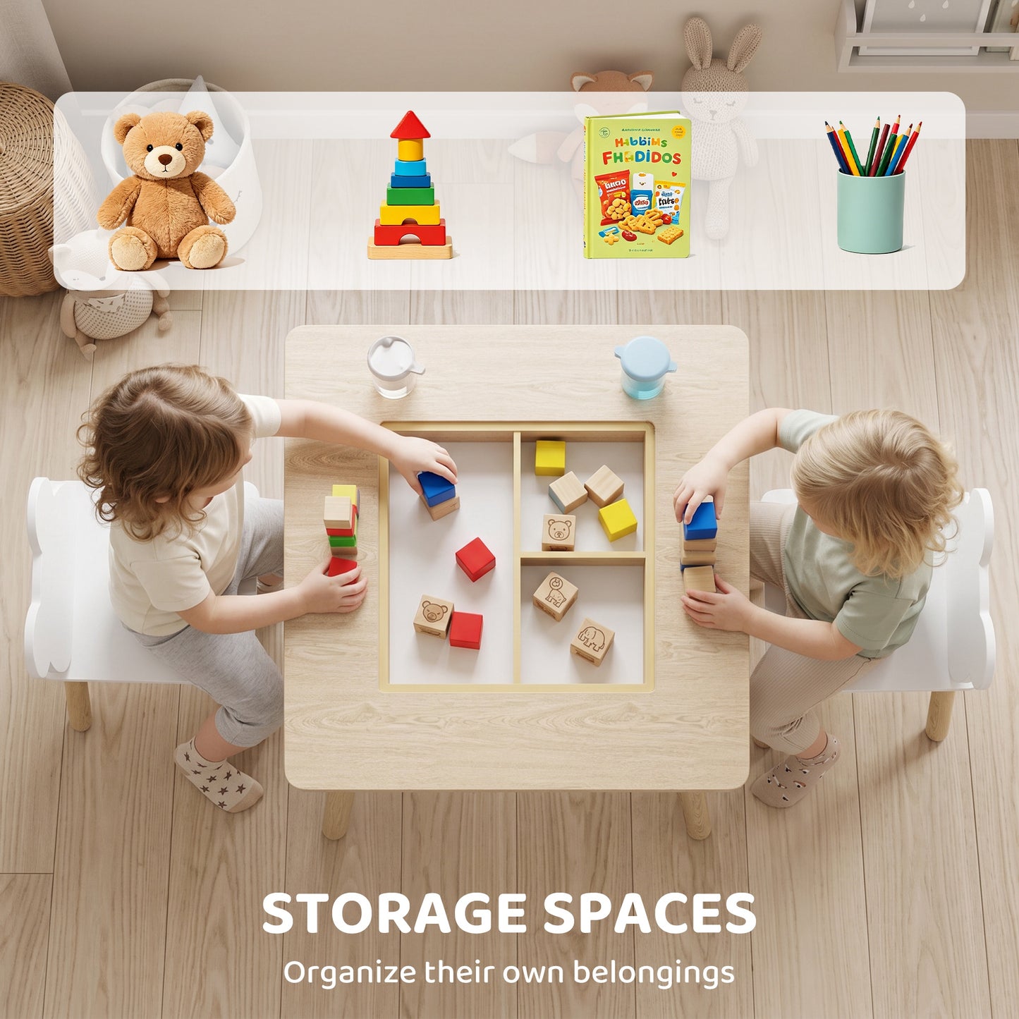 3-Piece Kids Table and Chairs Set with Convertible Desk and Storage Grid, Kids Activity Table for Nursery, Playroom