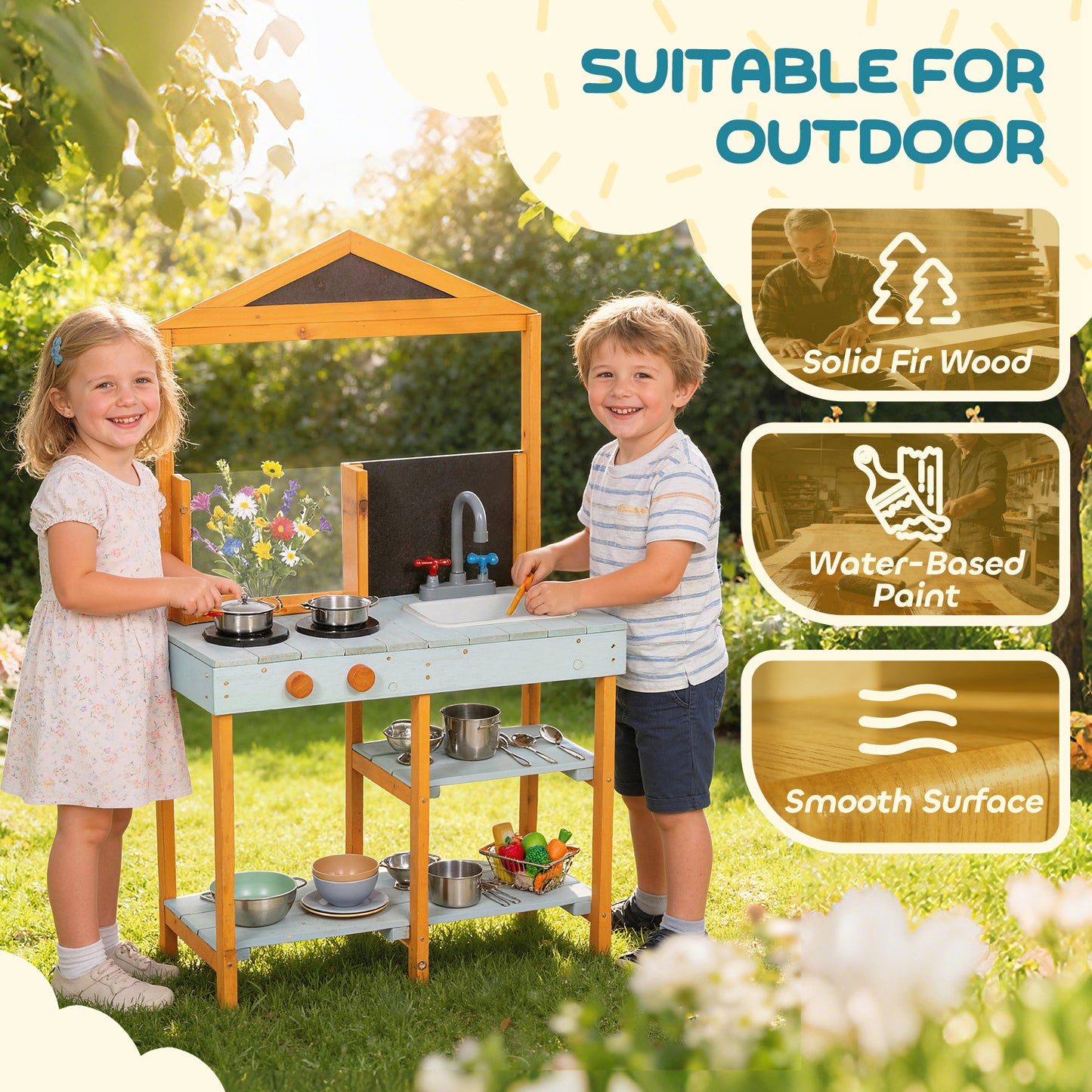 Mud Kitchen for Kids, Outdoor Wooden Play Kitchen with Sink, Stove, Cookware, Shelves, Pretend Play Toy for Ages 3-8