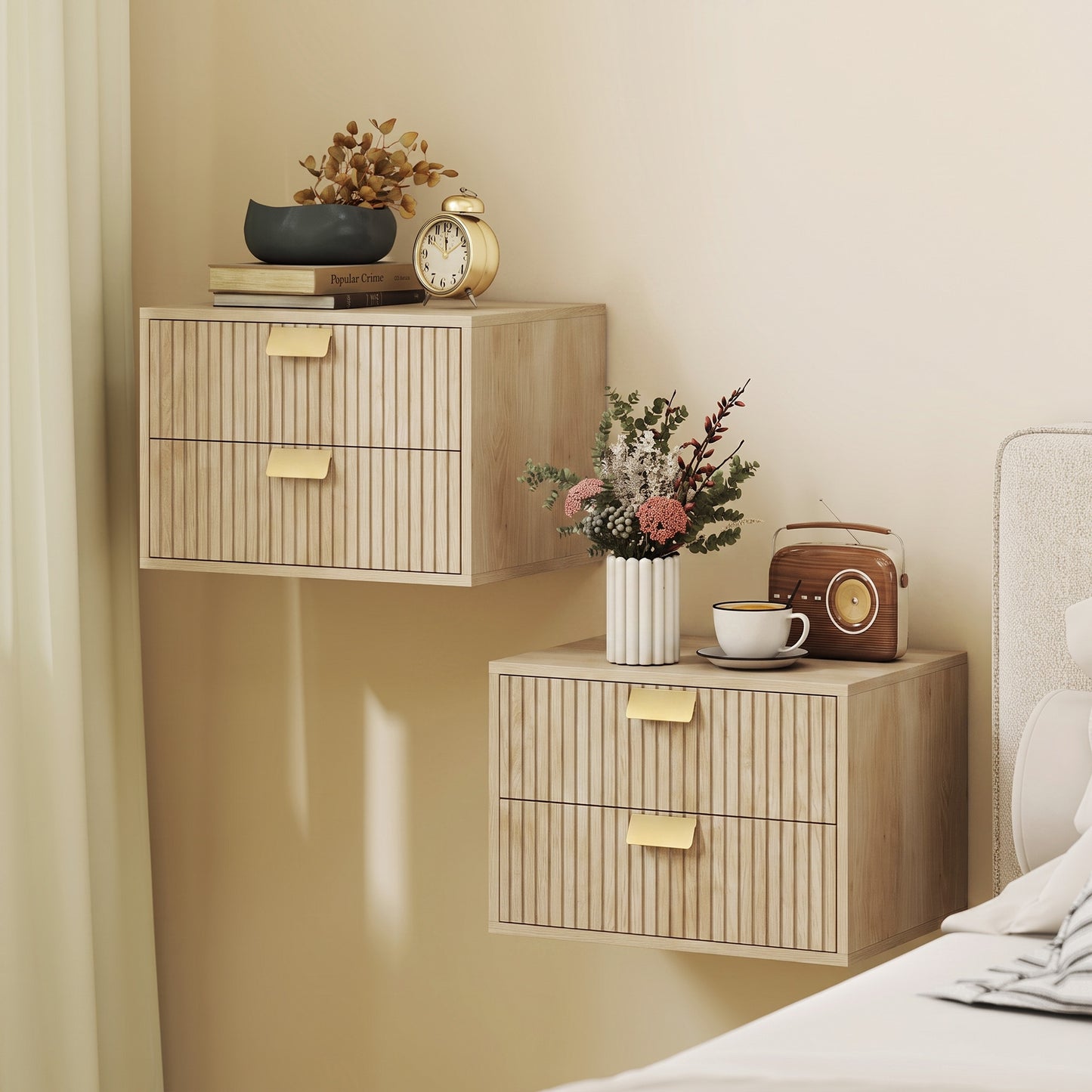 Modern Floating Nightstands Set of 2, Wall Mounted Bedside Tables with 2 Drawers, Oak