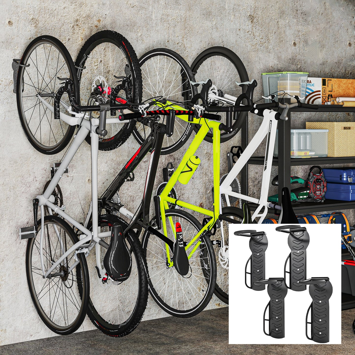 4 Pack Bike Rack, Wall Mounted Bicycle Hanger Hook, Foldable Garage Bike Wall Rack