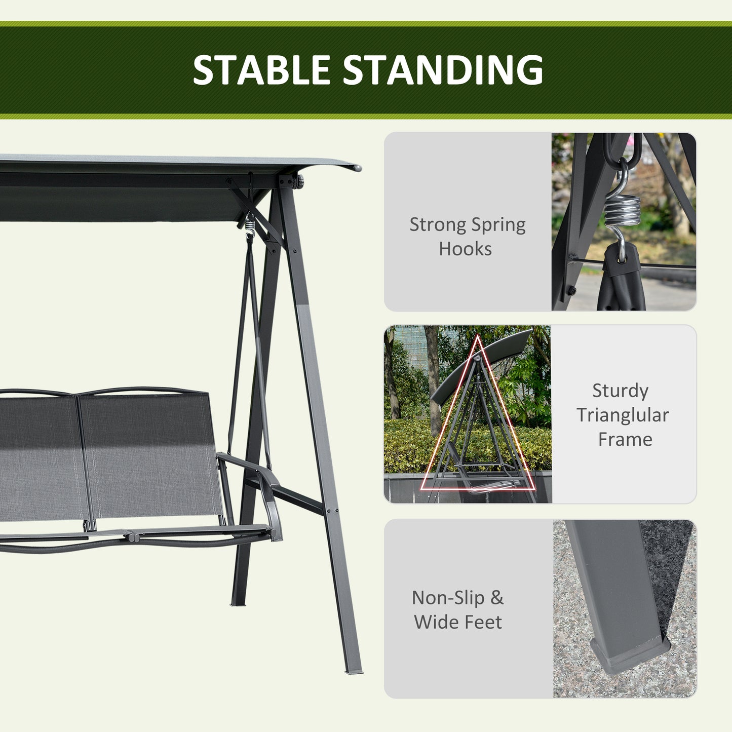 2 Seater Garden Swing Seat Swing Chair, Outdoor Canopy Swing Bench with Adjustable Shade, Metal Frame and Texteline Seat