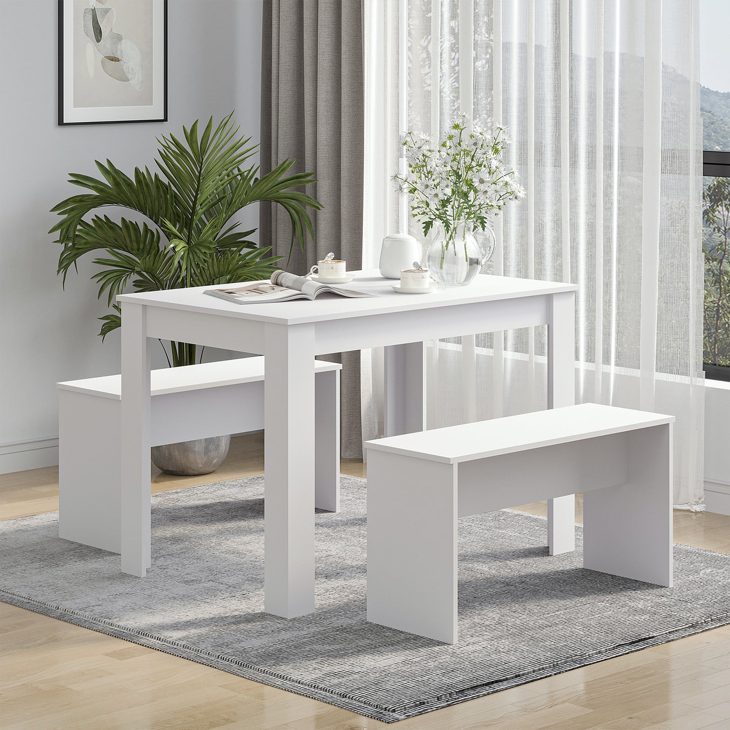 Kitchen Dining Table and 2 Benches Set, Table and Chairs Set for Limited Space, White