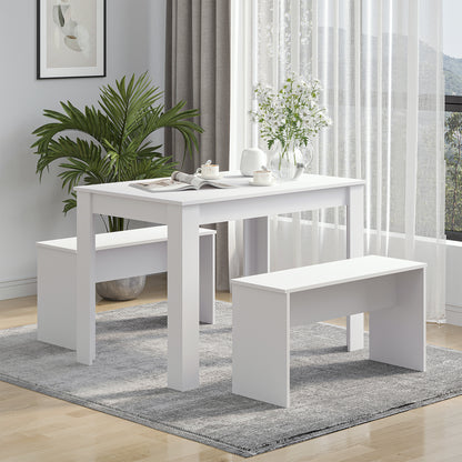 Kitchen Dining Table and 2 Benches Set, Table and Chairs Set for Limited Space, White