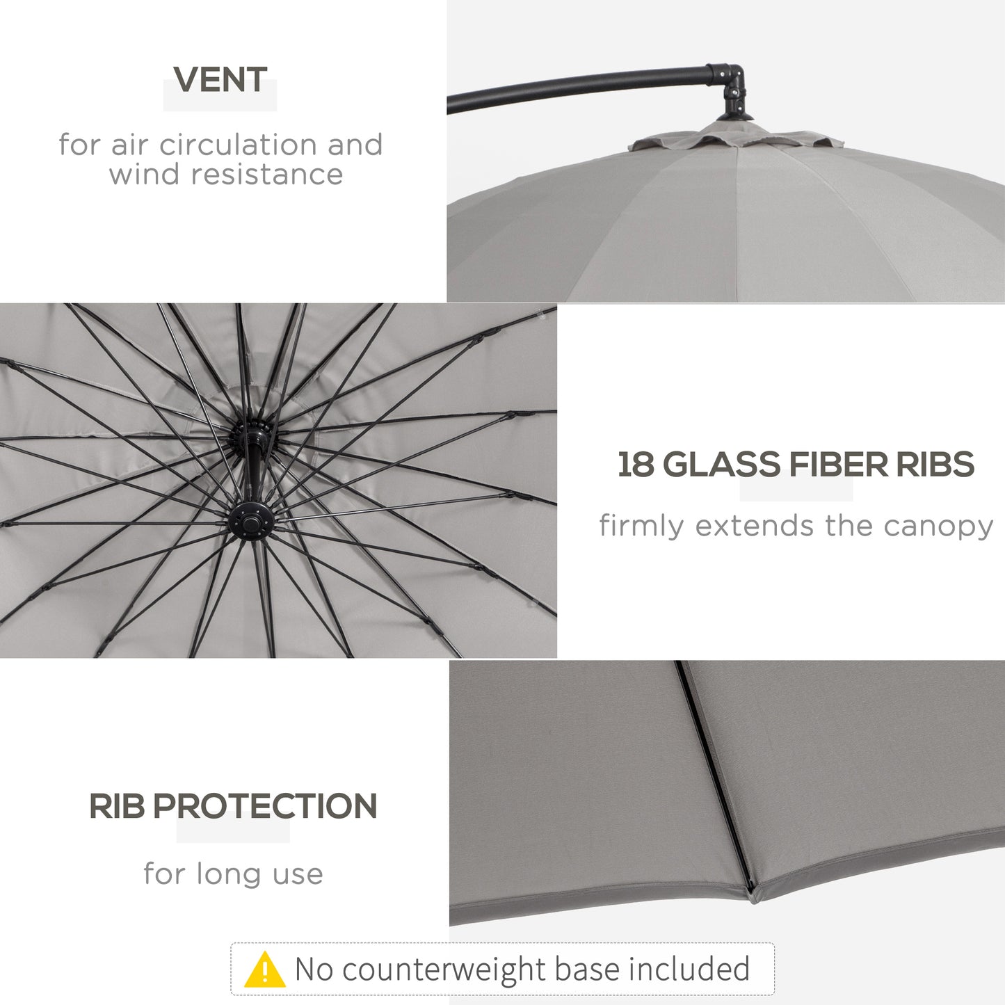 3(m) Cantilever Umbrella 18 Ribs & Vents Adjustable Angle for Patio Light Grey