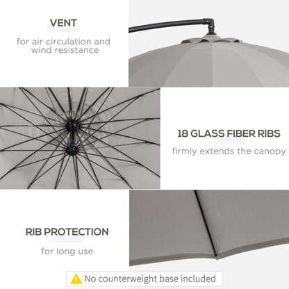 3(m) Cantilever Umbrella 18 Ribs & Vents Adjustable Angle for Patio Light Grey