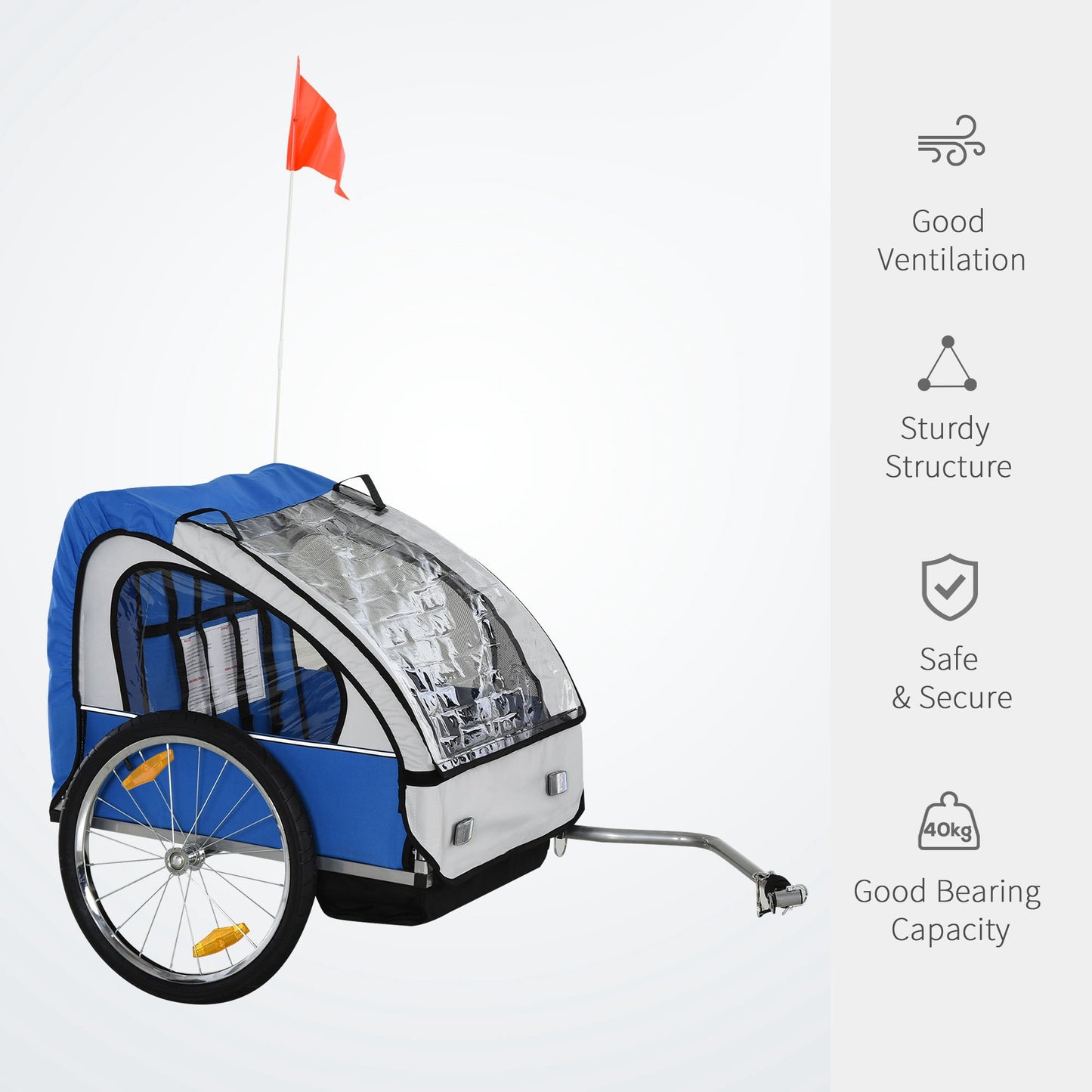 2 Seat Bike Trailer Bicycle wagon for Kids Child Steel Frame Safety Harness Seat Carrier Hitch Coupler Blue White 130 x 76 x