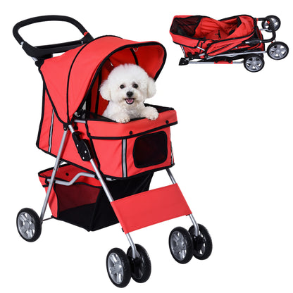 Pet Stroller for Small Miniature Dogs Cats Foldable Travel Carriage with Wheels Zipper Entry Cup Holder Storage Basket Red