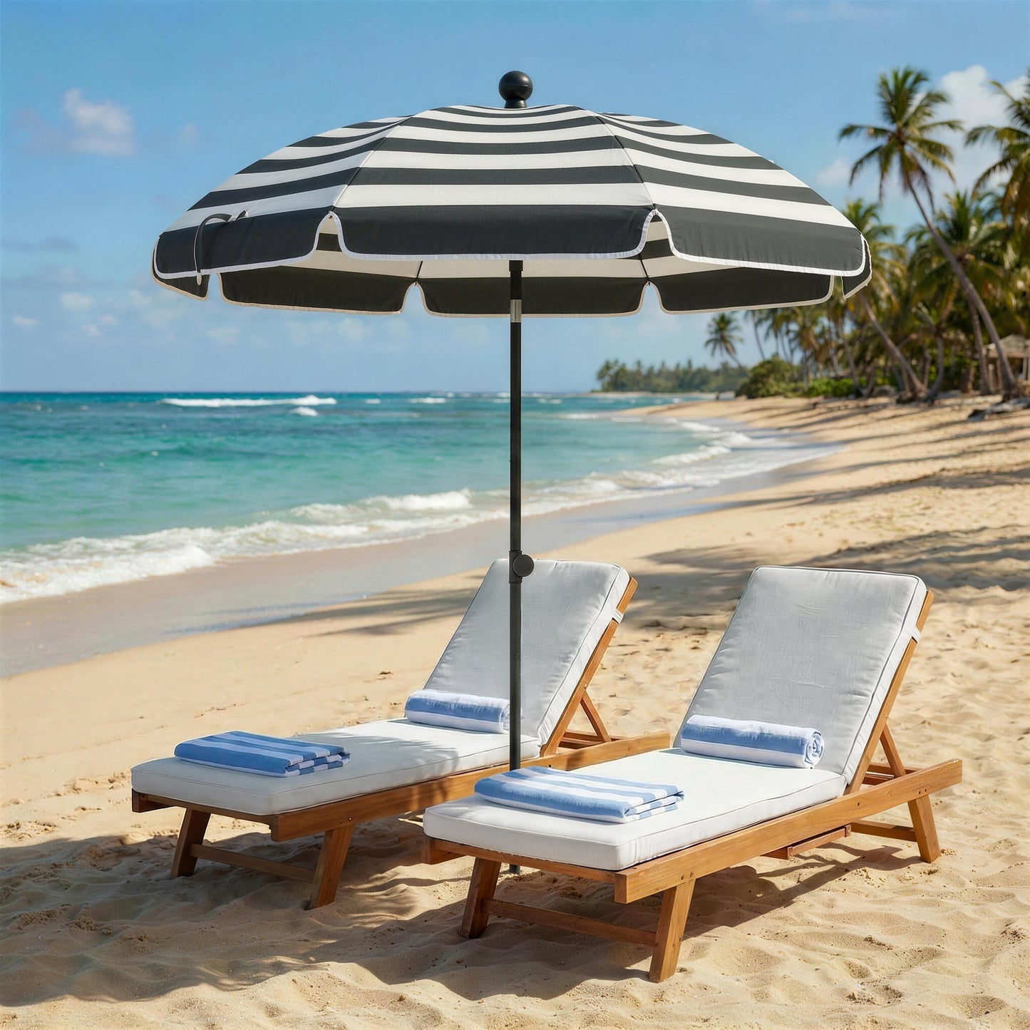 1.8 m Beach Umbrella Parasol with Sand Anchor, Portable 30° Tilting Patio Sun Shade with Adjustable Height, Grey/White