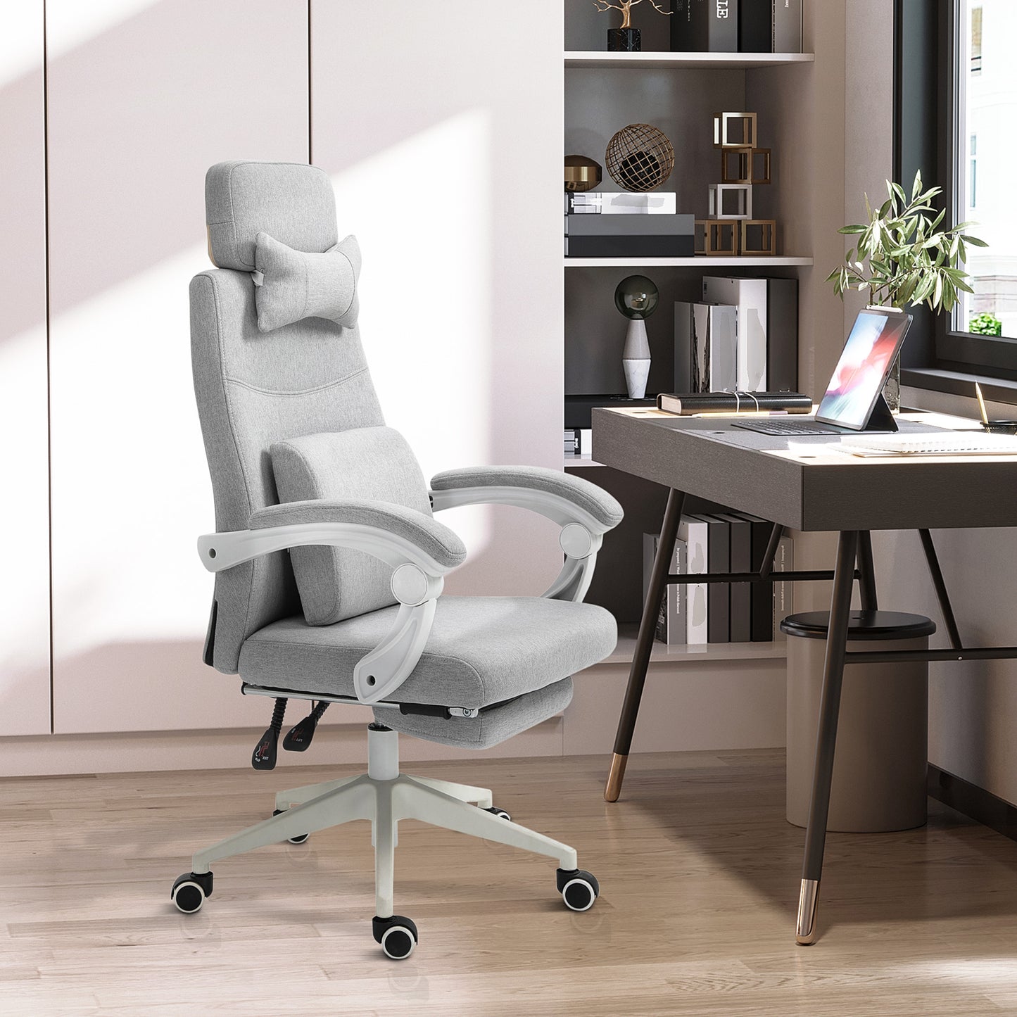 Office Chair, High Back Fabric Work Chair with 160° Reclining Backrest, Retractable Footrest, Neck and Lumbar Pillow