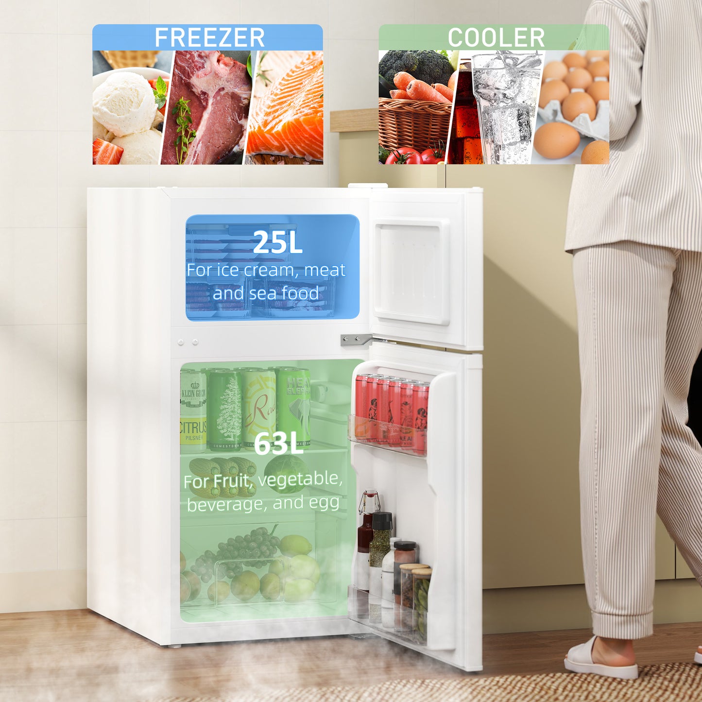 88L Under Counter Fridge Freezer, Small Refrigerator with 5-Setting, 3 Star Freezer Rating, White