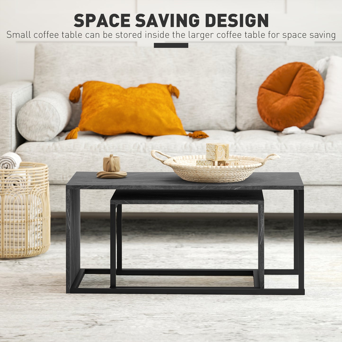 Nesting Coffee Table Set of 2, Industrial Stacking Side End Tables with Metal Frame for Living Room, Bedroom