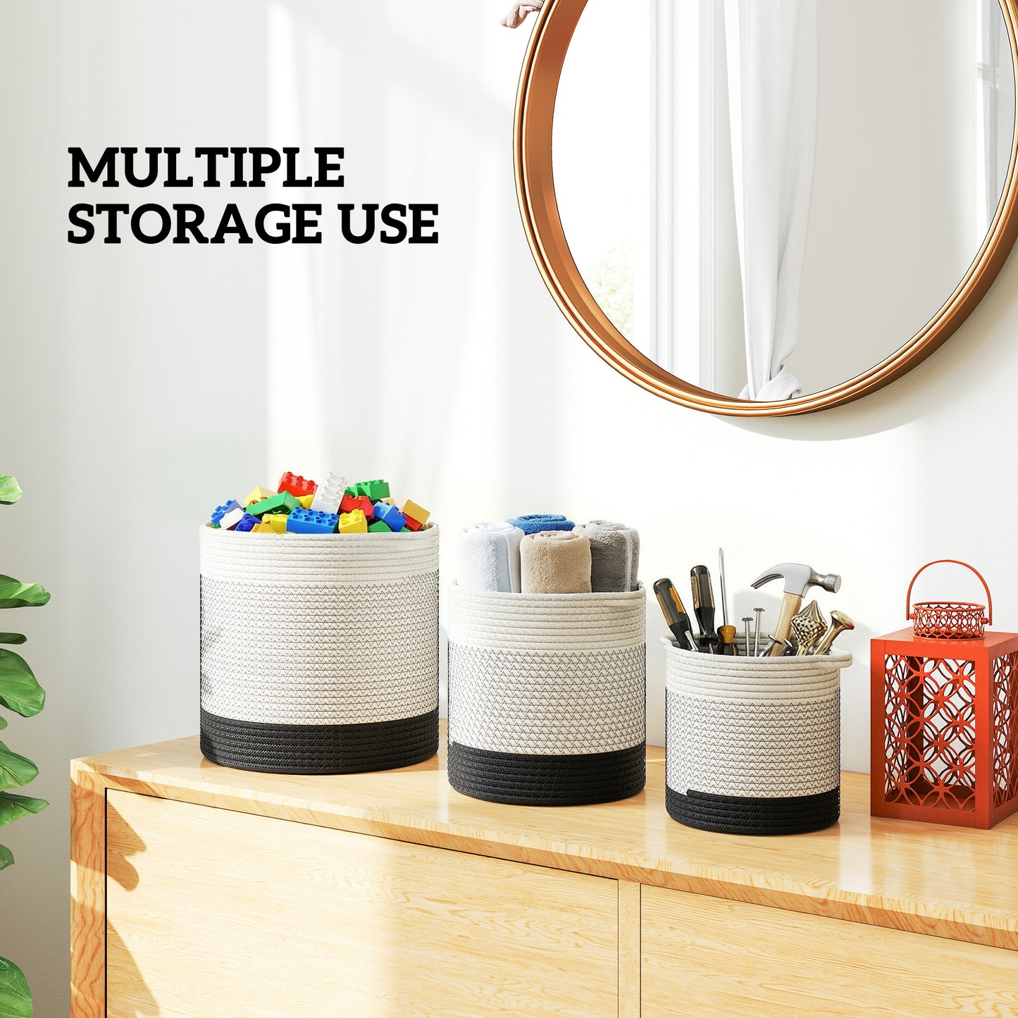 Plant Pots Handwoven Cotton Indoor Planters with Waterproof Liner Set of 3 White