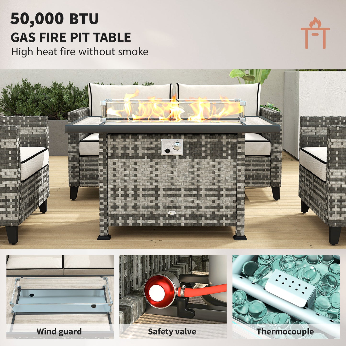 5-Piece Rattan Patio Furniture Set with Gas Fire Pit Table, Loveseat Sofa, Armchairs, Cushions, Pillows, Grey