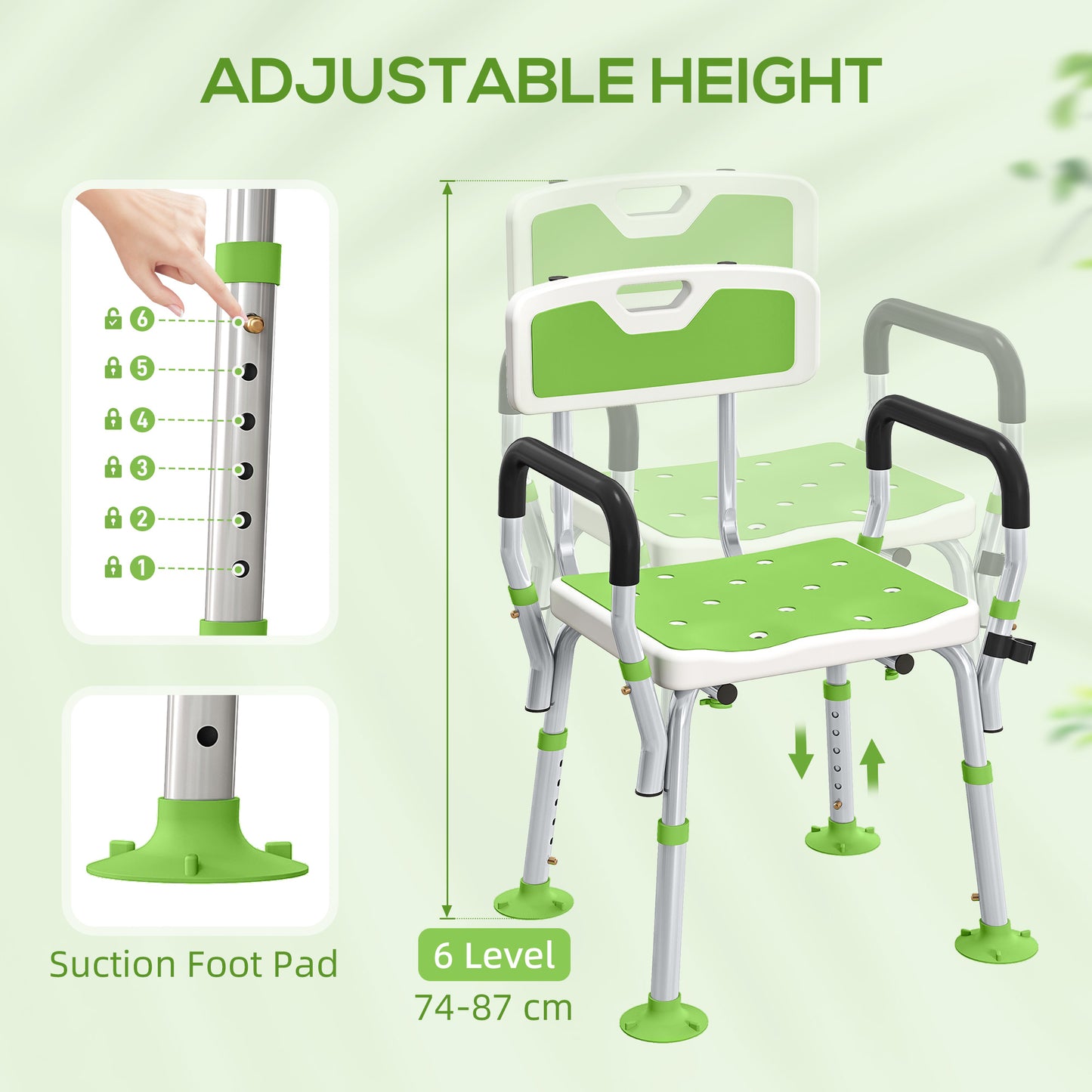EVA Padded Shower Chair for the Elderly and Disabled, Height Adjustable Shower Stool with Back and Arms, 4 Suction Foot Pads