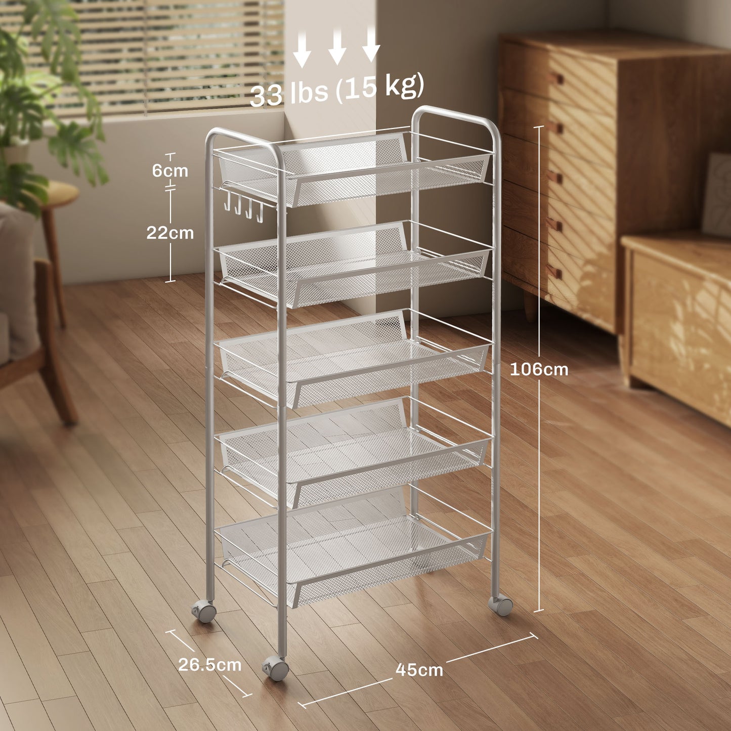 Five-Steel Mesh Basket Storage Trolley, with Wheels - White