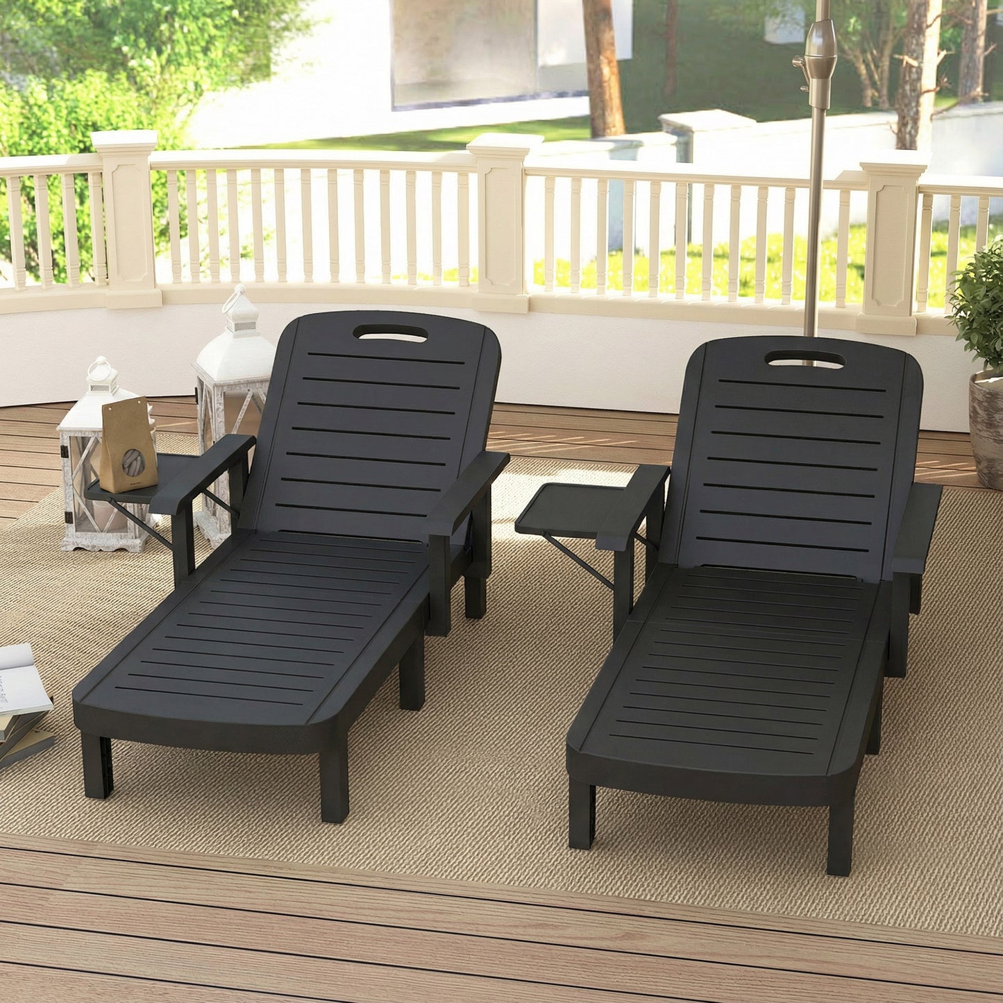 Set of 2 Reclining Sun Loungers, 5 Positions Adjustable Outdoor Chaise Lounge Chair with Armrests, Black