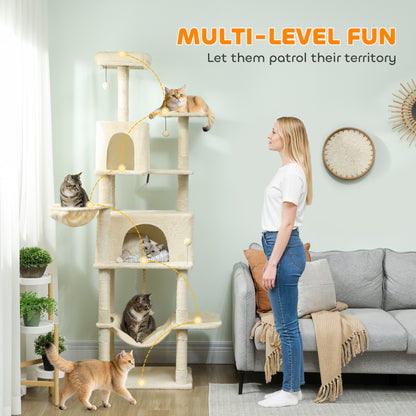 202cm Cat Tree with 6 Scratching Posts, 2 Hammocks, 2 Condos, 2 Perches, Pompoms, for Cats to Rest and Play, Beige