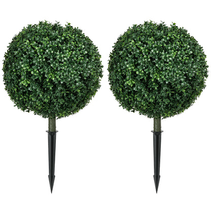 Artificial Boxwood Trees w/ Ground Stake, Set of 2 Ball Shaped Topiary Trees for Home Office & Living Room, UV Resistant