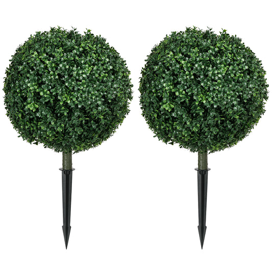 Artificial Boxwood Trees w/ Ground Stake, Set of 2 Ball Shaped Topiary Trees for Home Office & Living Room, UV Resistant