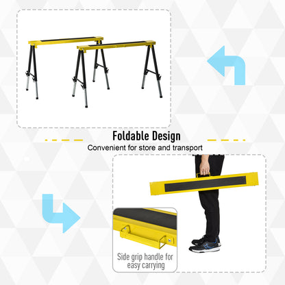 2PCS Saw Horse Twin Pack Folding Workbench Adjustable Metal Trestle Stands with Non-slip EVA Surface for Sawing Work Max Load