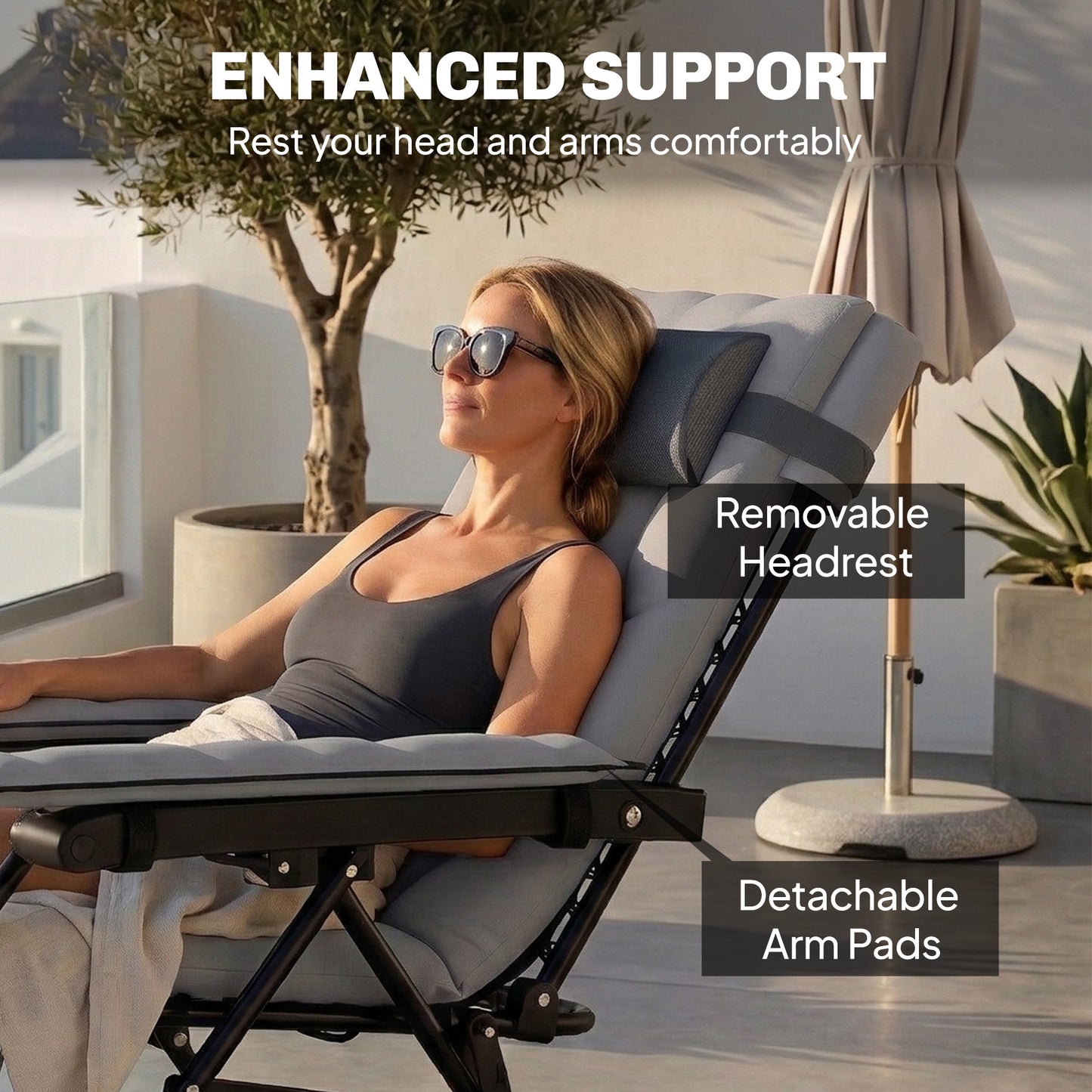 Zero Gravity Chair, Folding Sun Lounger Reclining Garden Chair with Arm Pads, Cushion, Cup Holder, Headrest, Light Grey